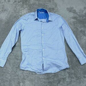Duchamp London Slim Fit Button-Up Shirt 16/L Blue Checkered Long Sleeve a0828